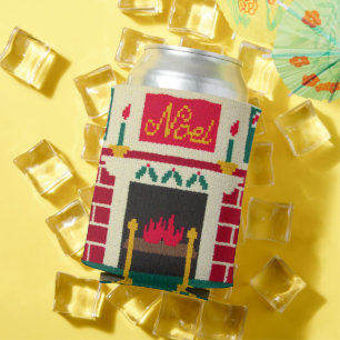 Christmas Fireplace Red Green Gold Noel Crochet Can Cooler