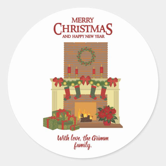 Christmas fireplace Red White Classic Round Sticker (Front)