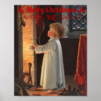Christmas fireplace, stockings and a child 