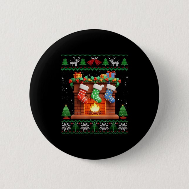 Christmas Fireplace Stockings Funny Ugly Christmas 2 Inch Round Button (Front)