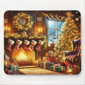 Christmas fireplace & tree in a winter wonderland  mouse pad