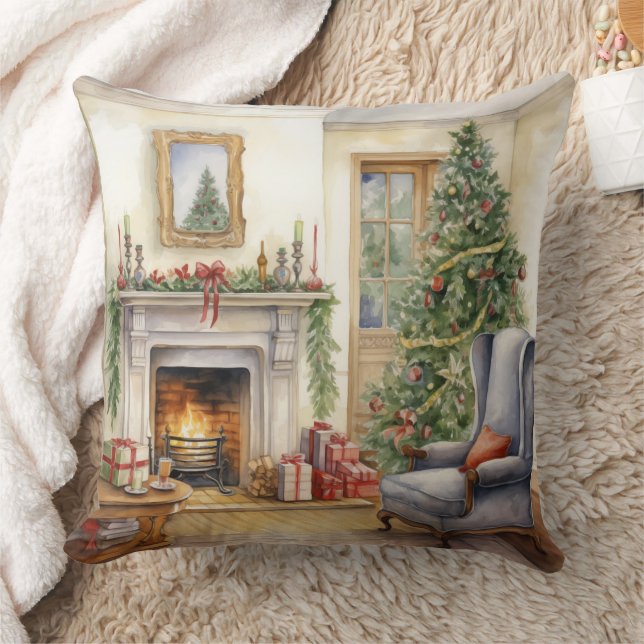 Christmas Fireplace Window Tree Blue Throw Pillow (Blanket)