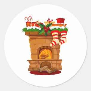 Christmas Fireplace with Decorations and Stockings Classic Round Sticker