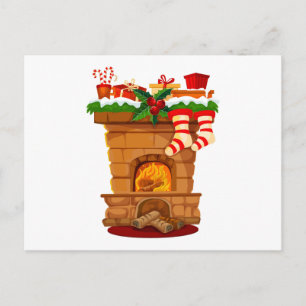 Christmas Fireplace with Decorations and Stockings Holiday Postcard