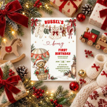 Christmas First Birthday Invitation | Teddy Bear O