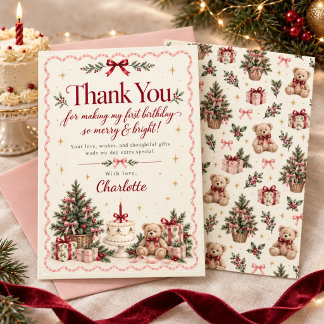 Christmas First Birthday Teddy Bear Thank You Card