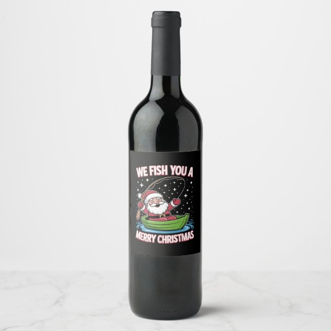Christmas Fisherman Fishing Funny Cool Santa Claus Wine Label (Front)