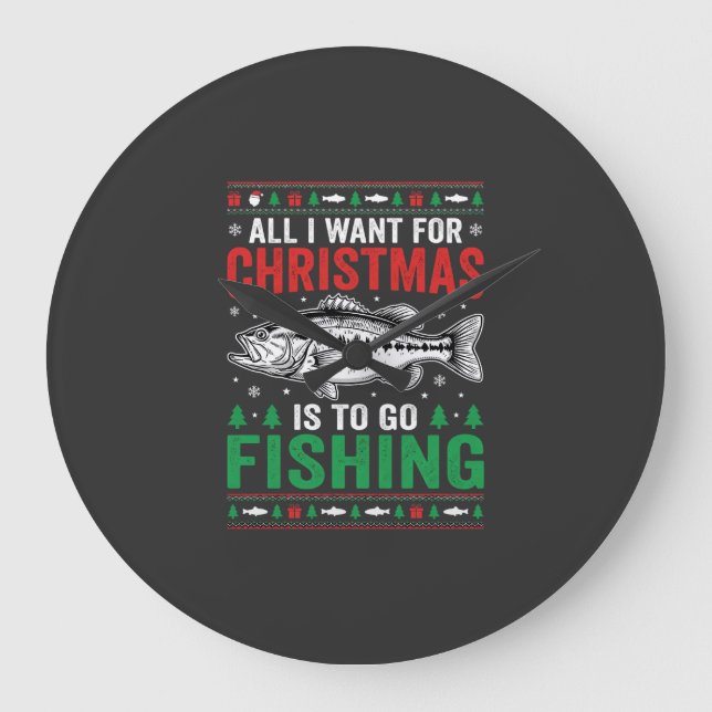 Christmas Fishing Bass Ugly Sweater Large Clock (Front)