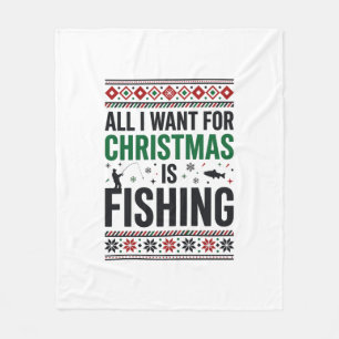 Christmas Fishing Ugly Sweater Design Fleece Blanket