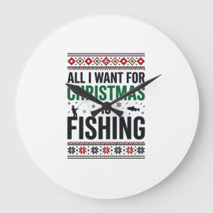 Christmas Fishing Ugly Sweater Design Large Clock