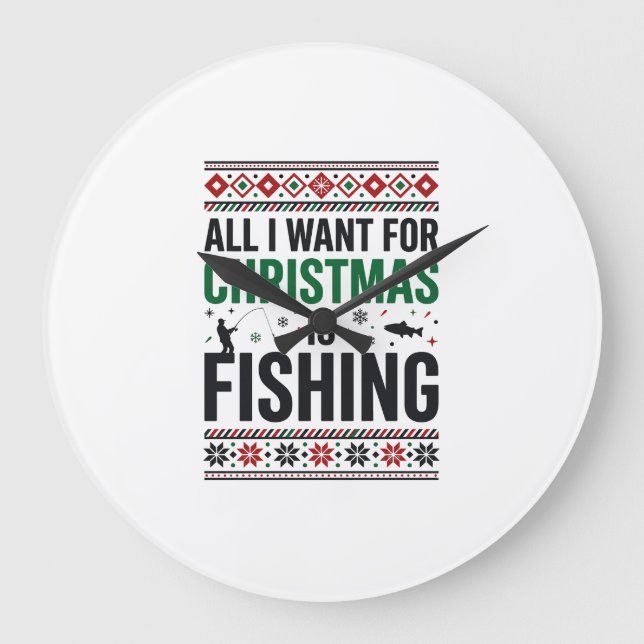 Christmas Fishing Ugly Sweater Design Large Clock (Front)