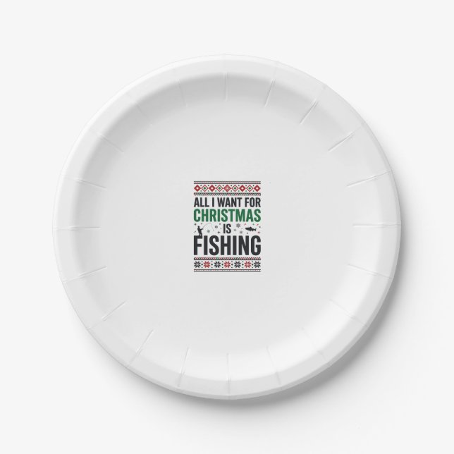 Christmas Fishing Ugly Sweater Design Paper Plate (Front)