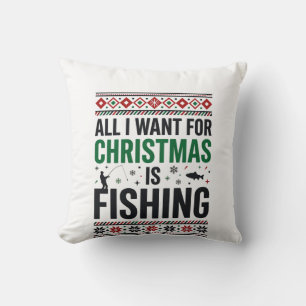 Christmas Fishing Ugly Sweater Design Throw Pillow