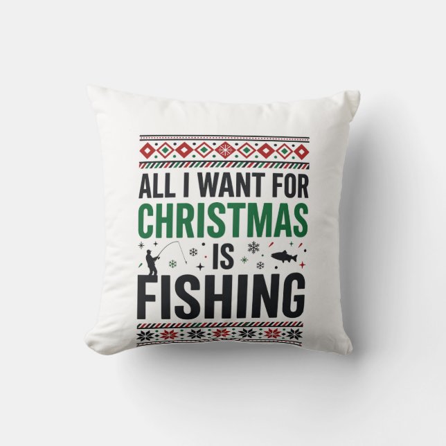 Christmas Fishing Ugly Sweater Design Throw Pillow (Front)