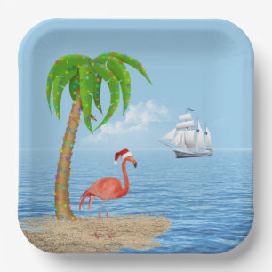 Christmas Flamingo and Palm Tree Paper Plate