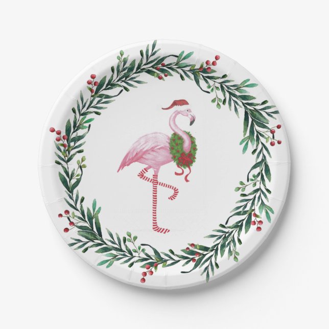 Christmas Flamingo and Wreath Party Paper Plate (Front)