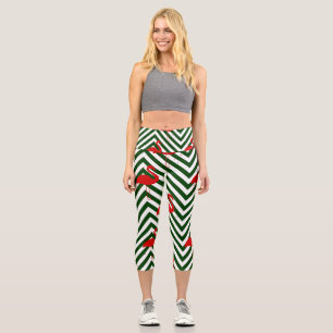 christmas flamingo chevron green capri leggings