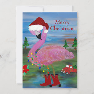 Christmas flamingo cowboy art greeting cards. thank you card