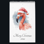 Christmas Flamingo customizable Calendar<br><div class="desc">Calendar  with on the cover a watercolor painting of a  pink flamingo wearing a pink winter christmas hat in christmas style. Each month has a different animal in watercolor.</div>