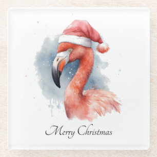 Christmas Flamingo, customizable Glass Coaster