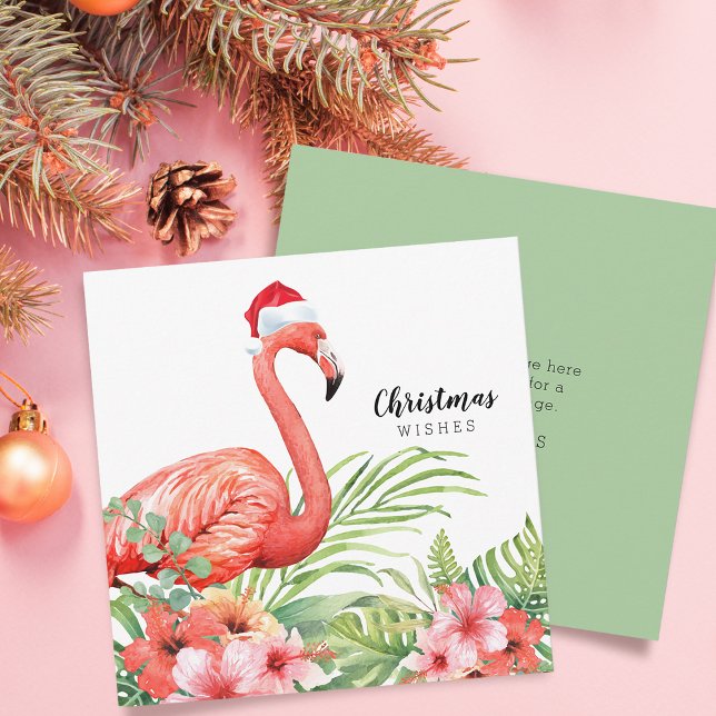 Christmas Flamingo Floral Greenery Wishes Holiday Card (Christmas Flamingo Floral Greenery Wishes Holiday Card)