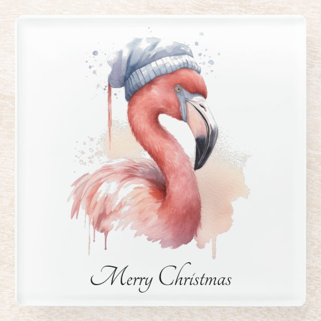 Christmas Flamingo Glass Coaster (Front)
