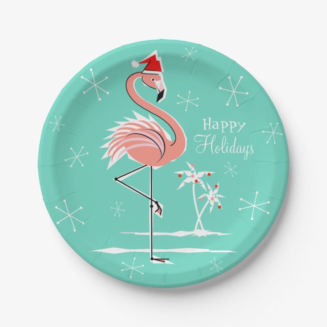 Christmas Flamingo Happy Holidays paper plate (Front)