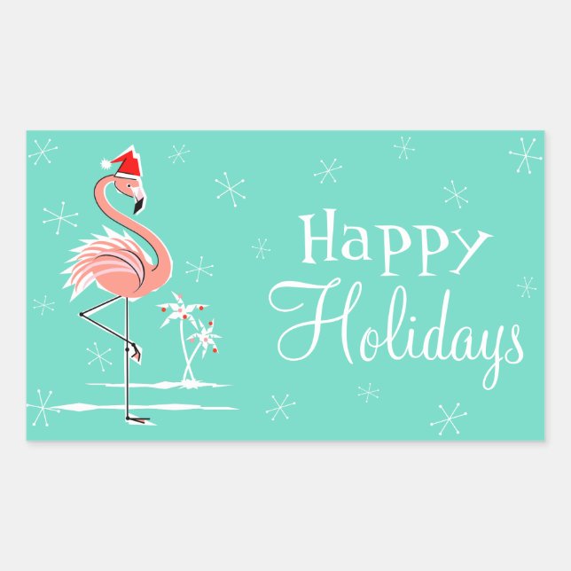 Christmas Flamingo Happy Holidays rectangle Sticker (Front)