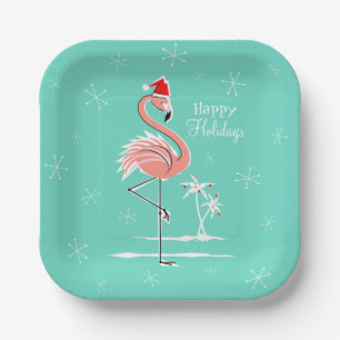 Christmas Flamingo Happy Holidays square Paper Plate