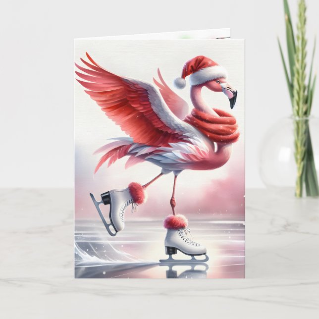 Christmas Flamingo Ice Skating Card (Front)