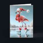 Christmas Flamingo Ice Skating Card<br><div class="desc">A flamingo wearing a Santa hat and scarf glides gracefully on ice skates across a frozen lake</div>