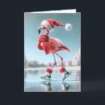 Christmas Flamingo Ice Skating Card<br><div class="desc">A flamingo wearing a Santa hat and scarf glides gracefully on ice skates across a frozen lake</div>