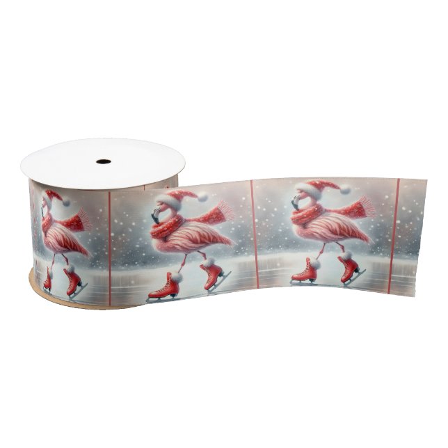 Christmas Flamingo Ice Skating Satin Ribbon (Spool)