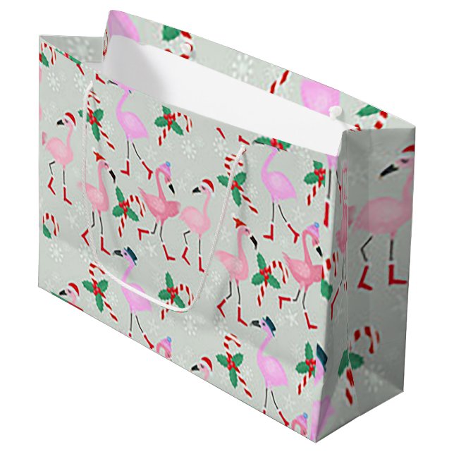 “Christmas Flamingo” Large Holiday Gift Bag (Front Angled)