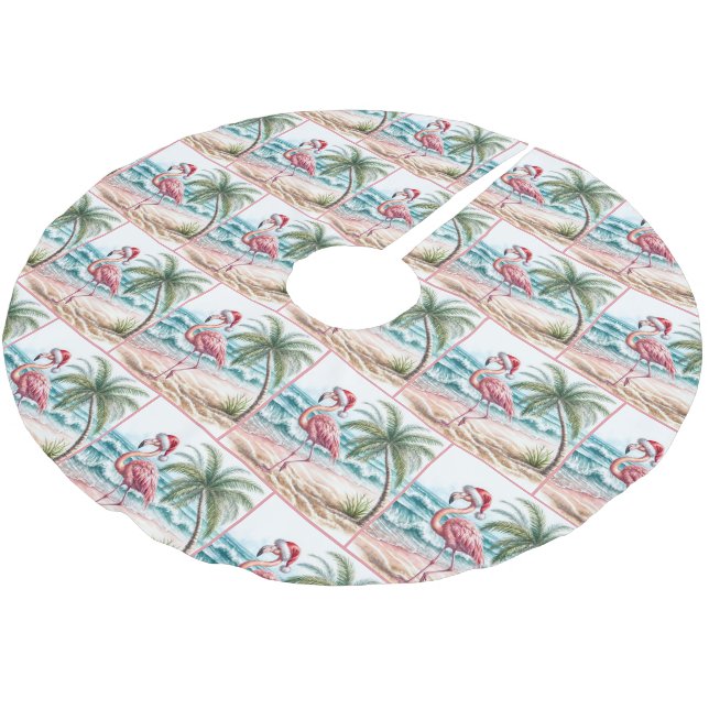 Christmas Flamingo On a Beach Brushed Polyester Tree Skirt (Angled)