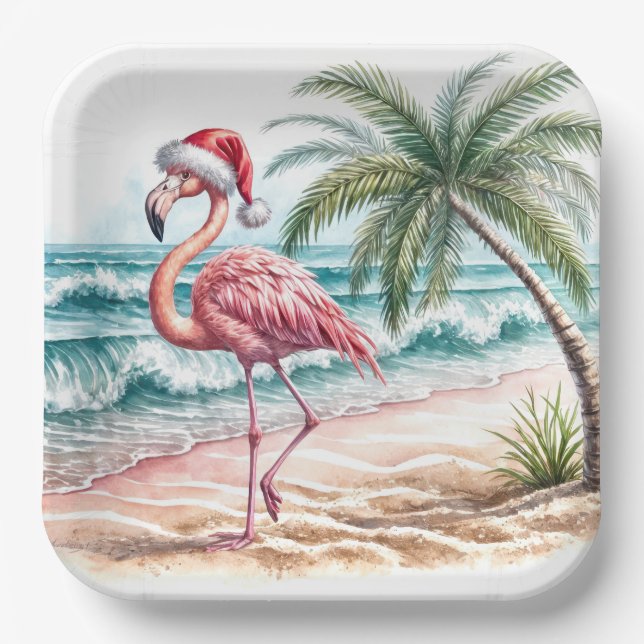 Christmas Flamingo On a Beach Paper Plate (Front)