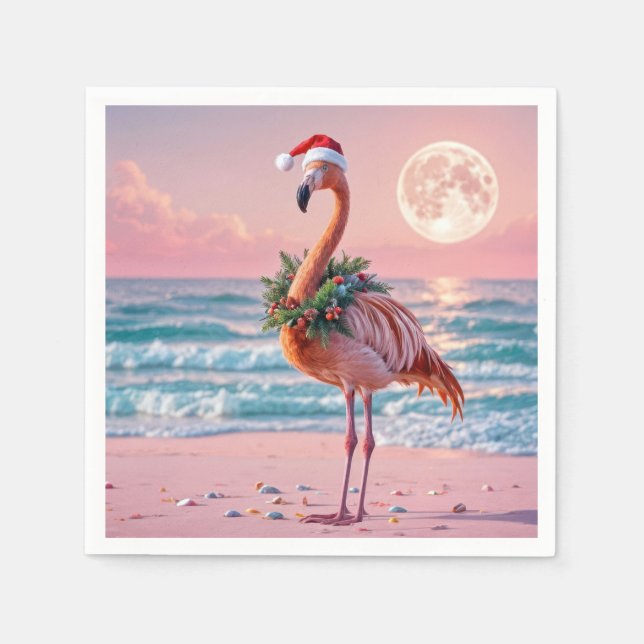 Christmas Flamingo On Pink Beach Napkin (Front)