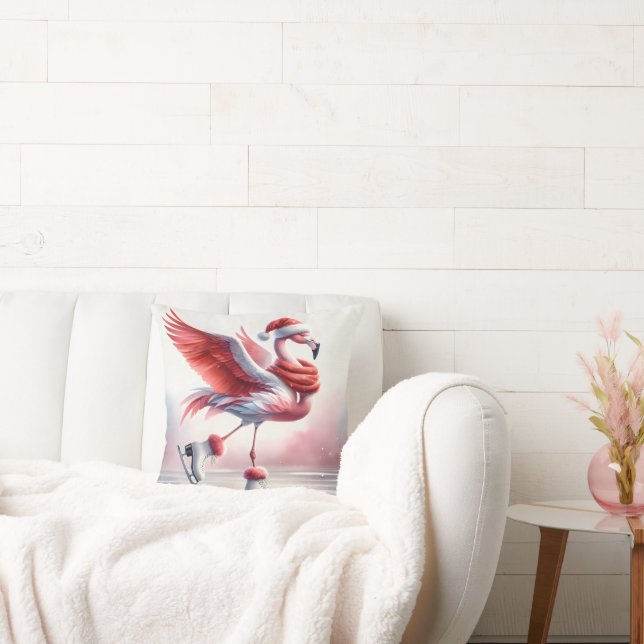 Christmas Flamingo On Skates Throw Pillow (Couch)