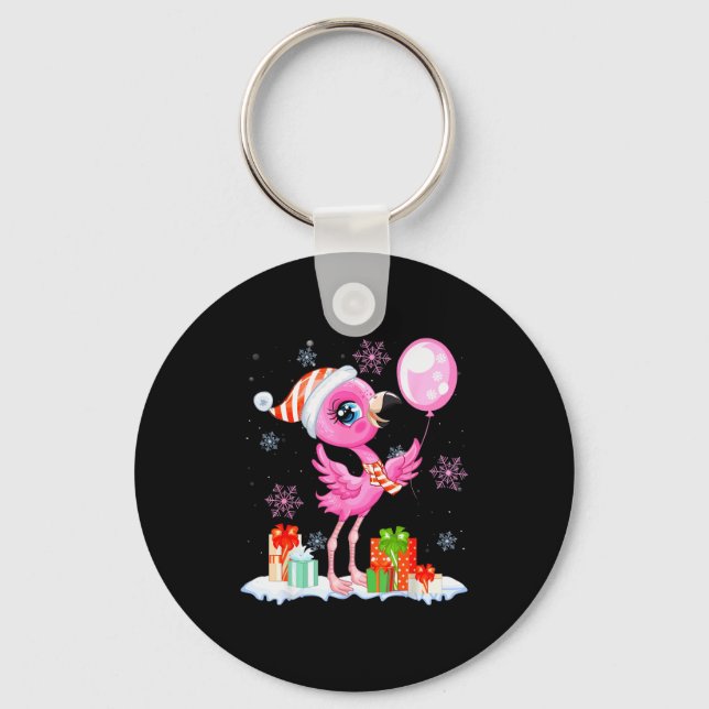Christmas Flamingo Pajama Matching Santa Hat Xmas  Keychain (Front)