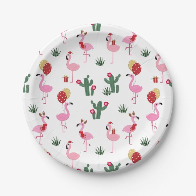 Christmas Flamingo Party | Holidays Paper Plate (Front)