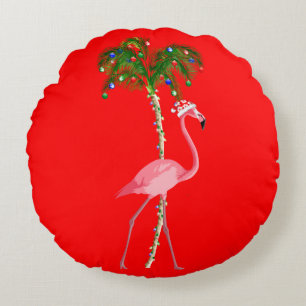 Christmas Flamingo Round Pillow