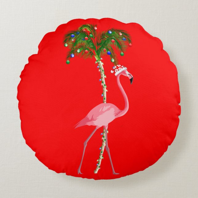 Christmas Flamingo Round Pillow (Front)