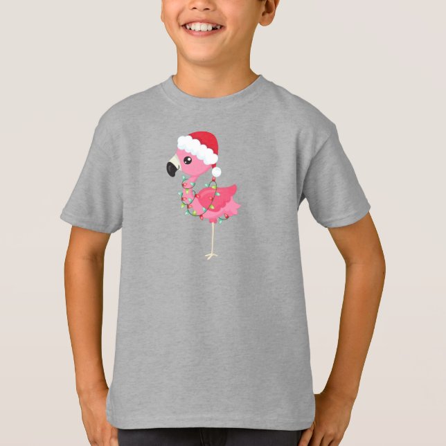 Christmas Flamingo, Santa Hat, Christmas Lights T-Shirt (Front)