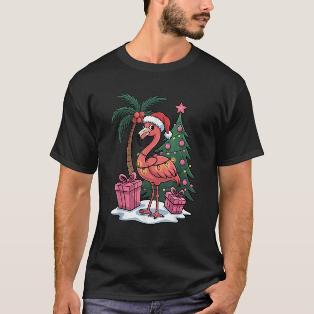 Christmas Flamingo Santa Hat Tree Lights Funny  T-Shirt (Front)