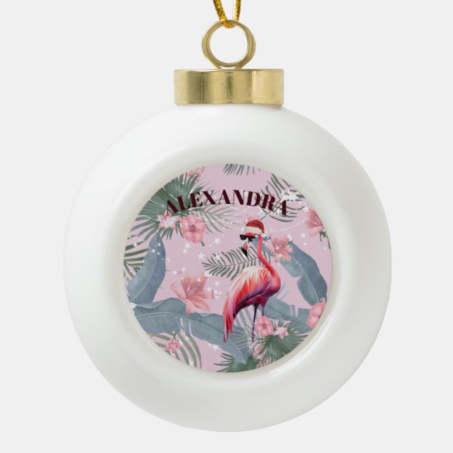 Christmas Flamingo Santa Hat Tropical  Ceramic Ball Christmas Ornament (Front)