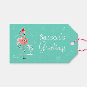 Christmas Flamingo side Season's Greetings aqua Gift Tags