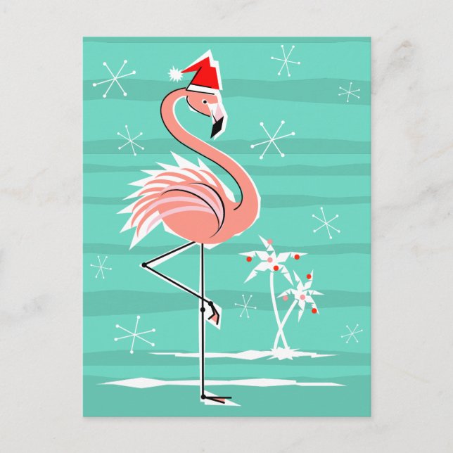 Christmas Flamingo Stripe aqua back postcard (Front)