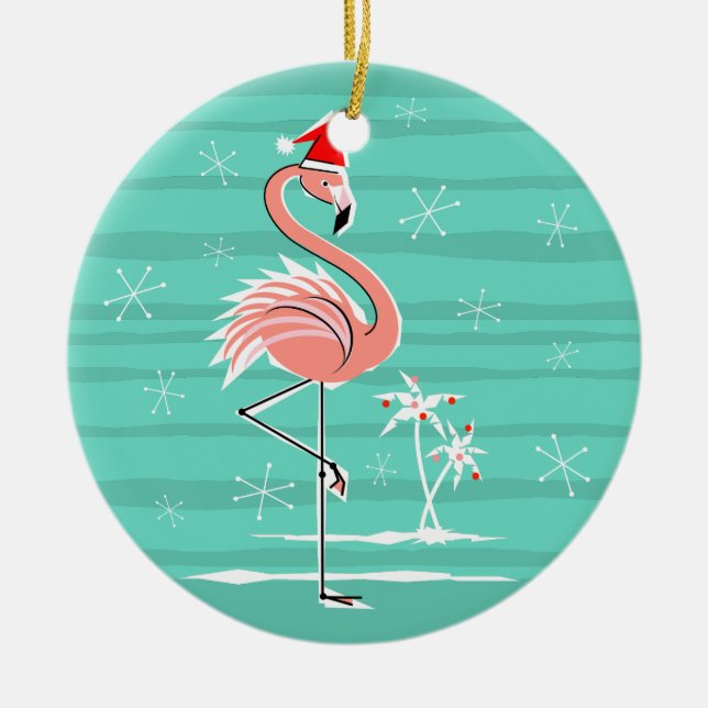Christmas Flamingo Stripe Text ornament round (Front)