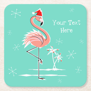 Christmas Flamingo Text coaster square