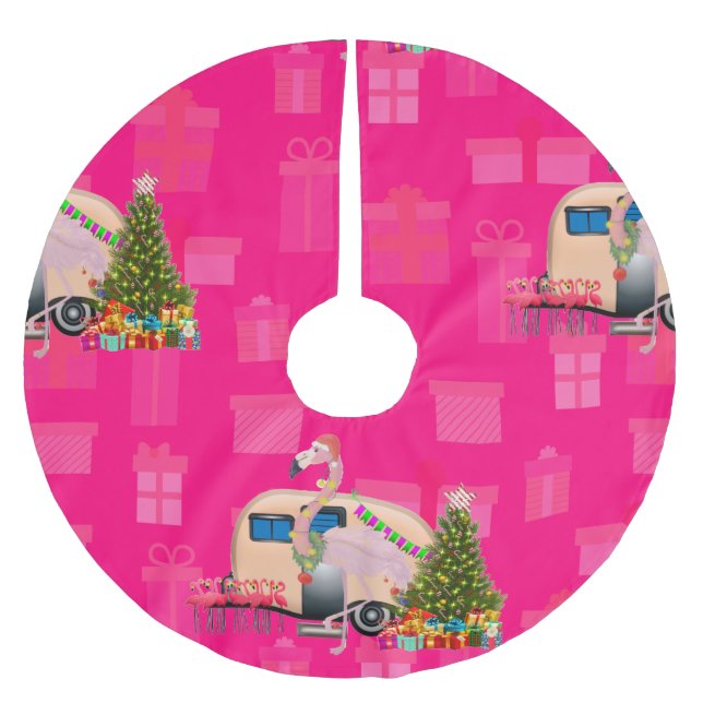 christmas flamingo trailer brushed polyester tree skirt (Front)